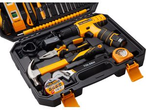 TOLSEN Akku-Bohrschrauber 12V, 1x1,5Ah + Handwerkzeugsatz im Koffer, 65-tlg.