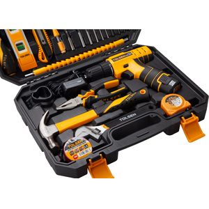 TOLSEN Aku vrtací šroubovák 12V, 1x1,5Ah + sada ručního nářadí v kufru, 65 ks