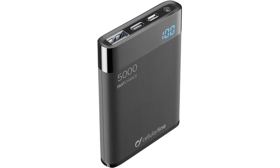 Cellularline FreePower Manta HD powerbanka 5000 mAh, USB-C+USB, rychlonabíjení, černá