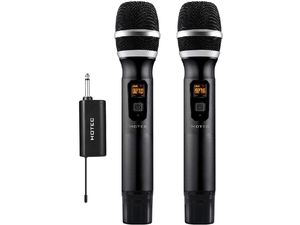 Hotec UHF bezdrátové dva mikrofony s přijímačem, dosah až 30 metrů, černé
