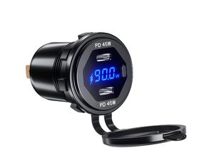 Încărcător încorporat rezistent la apă/priză cu monitor de tensiune, 2x USB-C, încărcare rapidă PD, 90W