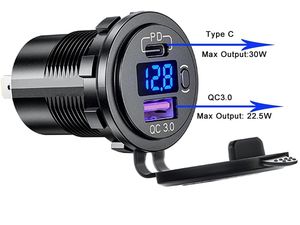 Încărcător încorporat rezistent la apă cu monitor de tensiune, USB+USB-C, încărcare rapidă QuickCharge 3.0/PD30W