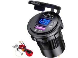Încărcător încorporat rezistent la apă cu monitor de tensiune, USB+USB-C, încărcare rapidă QuickCharge 3.0/PD30W