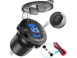 Încărcător/priză încorporată rezistentă la apă cu monitor de tensiune, 2x USB, QuickCharge 3.0