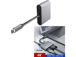 Mobilly 4in1 USB-C zu HDMI, VGA, USB3.0 Adapter mit Power Delivery 87W