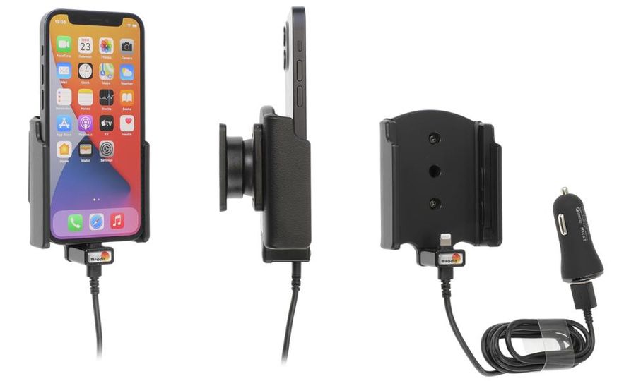 Brodit държач за кола за Apple iPhone 12 Mini, 2xUSB, с превключвател за зареждане от цигара (QC3.0/2.4A)