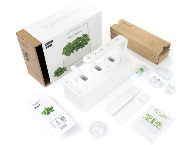 a csomag tartalma Click and Grow Smart Garden 3 intelligens ültető + 3db kapszula bazsalikom magokkal, fehér színben