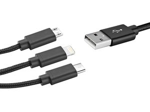 Cablu de încărcare împletitură 3in1 USB-C, Lightning, MicroUSB pentru încărcarea simultană a până la 3 telefoane