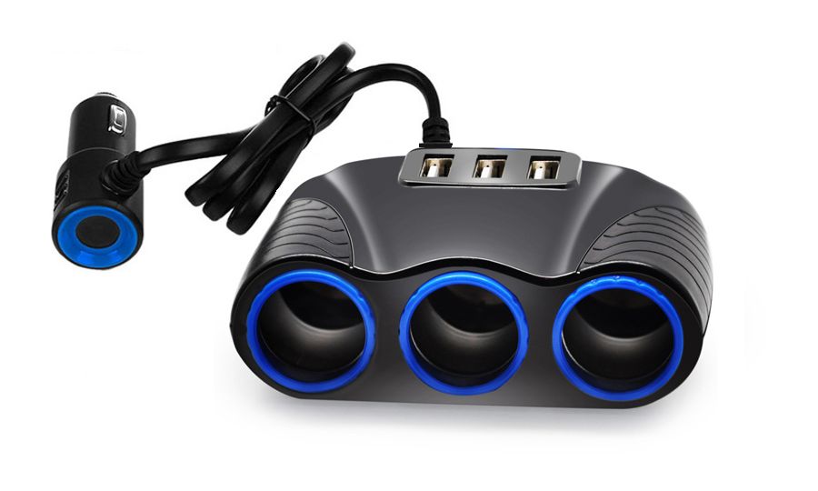 Autós szivargyújtó hub 3xCL 120W töltővel 3x USB 3,1A kábellel