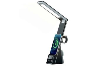 Mobilly 5in1, lampă de masă, încărcător wireless 15W, ceas cu alarmă, suport pentru telefon, negru
