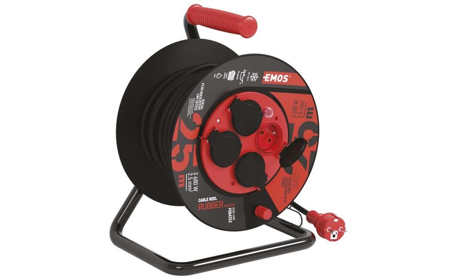 Cablu prelungitor pentru exterior pe rolă 25 m / 4 buc. / negru / cauciuc-neopren / 230V / 2,5 mm2