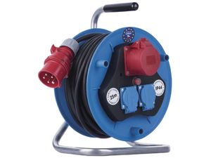 Venkovní prodlužovací kabel na bubnu 25 m / 3 zásuvky / černý / guma / 230V/400V / 1,5 mm2