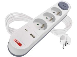 EMOS hosszabbító kábel 2m, 3 aljzat, kapcsoló, 1×USB-A + 1×USB-C , 1,5 mm2 , fehér