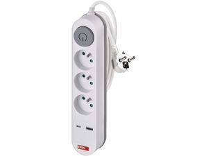 EMOS hosszabbító kábel 2m, 3 aljzat, kapcsoló, 1×USB-A + 1×USB-C , 1,5 mm2 , fehér