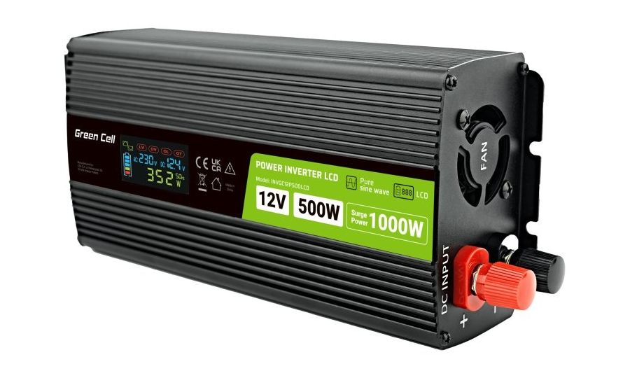 Green Cell Power Inverter LCD feszültség átalakító kijelzővel 12V-tól 230V-ig, 500W/1000W, tiszta szinusz hullámmal