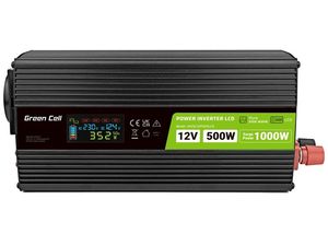 Green Cell Power Inverter LCD feszültség átalakító kijelzővel 12V-tól 230V-ig, 500W/1000W, tiszta szinusz hullámmal