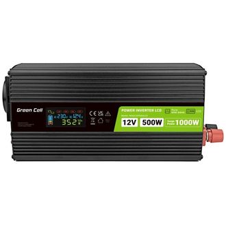 Green Cell Power Inverter LCD feszültség átalakító kijelzővel 12V-tól 230V-ig, 500W/1000W, tiszta szinusz hullámmal