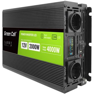 Green Cell Power Inverter LCD feszültség átalakító kijelzővel 12V-tól 230V-ig, 2000W/4000W, tiszta szinusz hullámmal