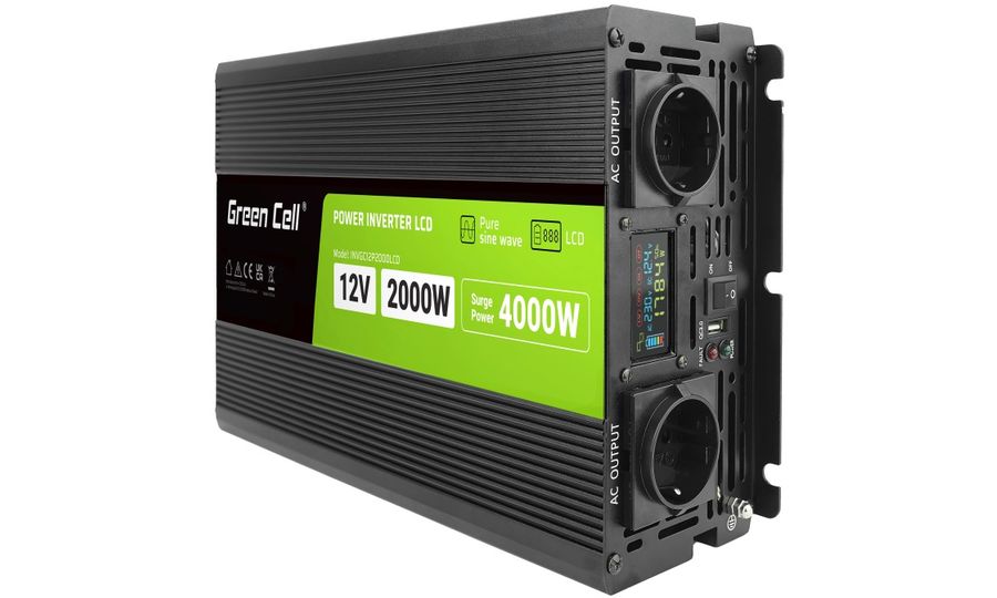 Green Cell Power Inverter LCD feszültség átalakító kijelzővel 12V-tól 230V-ig, 2000W/4000W, tiszta szinusz hullámmal