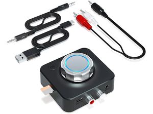 Bluetooth 5.0 audio vevő, RCA (Cinch) csatlakozókon vagy 3,5 mm-es audiokábeleken keresztül csatlakoztatható