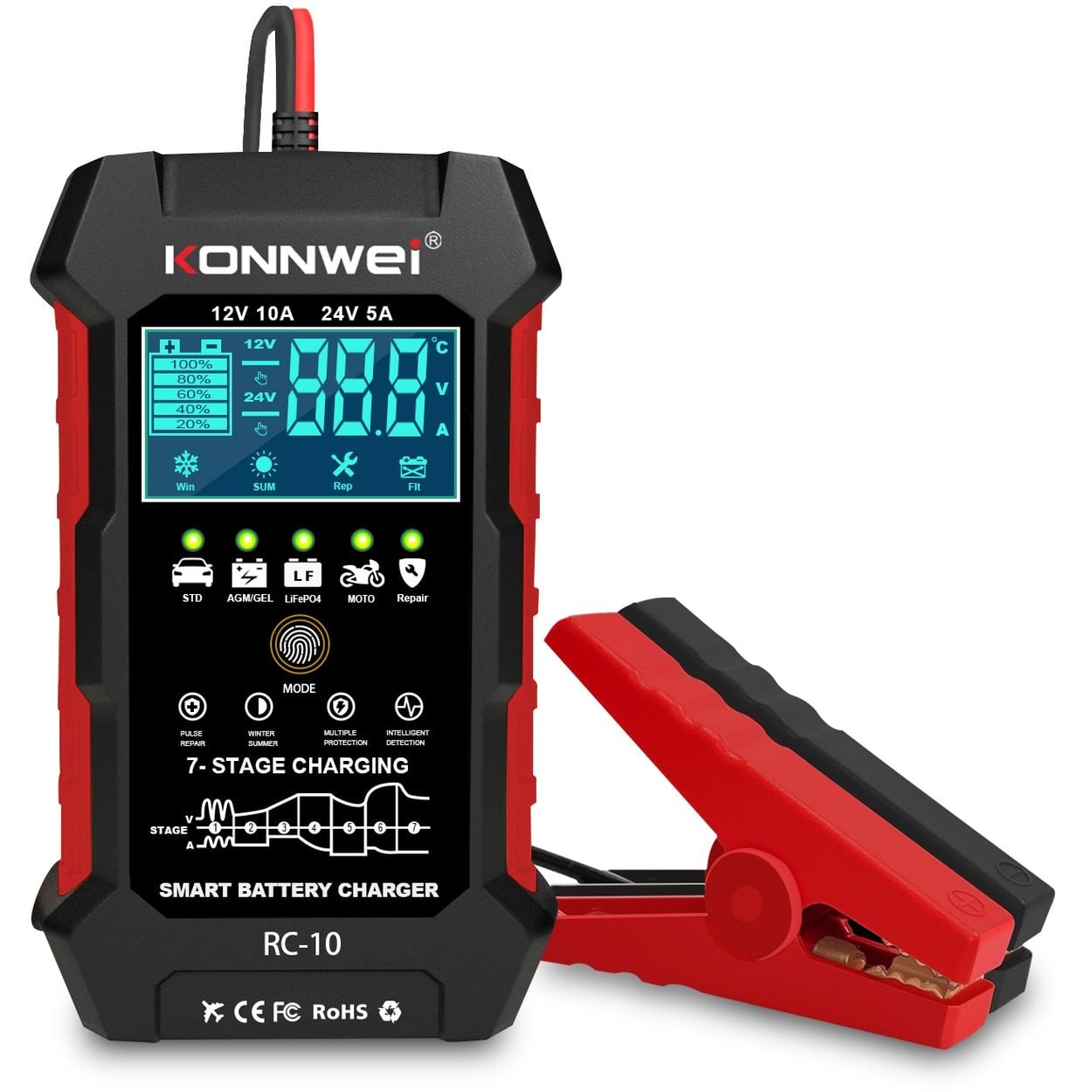 Konnwei RC-10 nabíječka a údržba (obnovení) nepoužívaných baterií, 12/24V