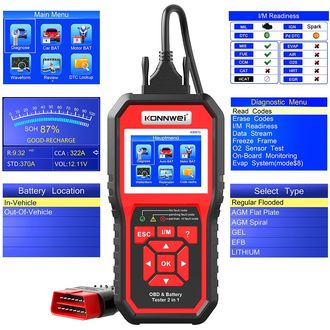 Konnwei KW870 самодиагностика OBD II скенер + тестер за батерии 6 - 12V