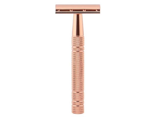 съдържание на опаковката Holící strojek klasický, na žiletky, kovový, zesílená rukojeť, růžový + žiletky Astra + holící štětka