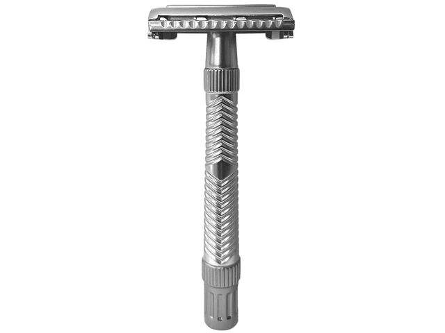 obsah balení Holící strojek klasický, na žiletky, zdobná rukojeť, feather mechanismus, stříbrný + žiletky Astra + holící štětka